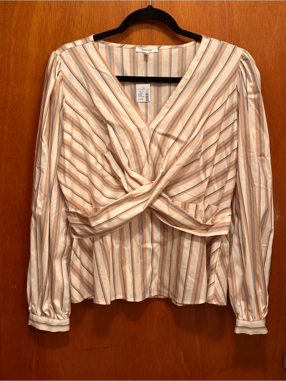 Maurices Cream Striped Twist-Front Blouse with Peach & Light Blue